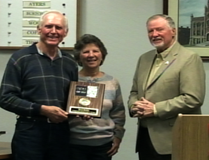 Mayor Chuck Burtcher (right) recognizes Byron Berline. Photo Courtesy of City of Guthrie.