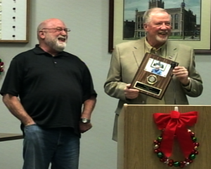 Mayor Chuck Burtcher (right) recognizes Don Rippy. Photo Courtesy of City of Guthrie.