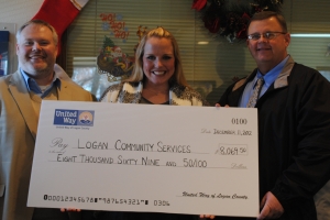 United Way Coordinator, Price Purvis (L), and Community Allocations Chairman, Chuck Hayes (R) present a check to Jeri Sieber, Executive Director, Logan Community Services for enhancing mental health service throughout Logan County.