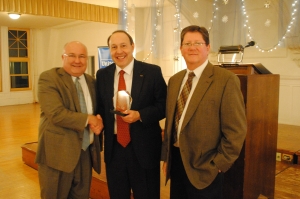 Campaign Chair, LaVerne Dowding (C) presenting the Corporate Spirit Award to Guthrie Schools Superintendent, Mike Simpson (L) and Dennis Schulz, Assistant Superintendent (R).