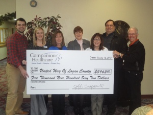 Companion Healthcare presents a check for $5,962 to the United Way of Logan County.  Participating in the presentation are Companion staff: (from left to right) Josh Chappell; Natalie Hardin, United Way Coordinator; Mary Pat Cordis, Cathy Cordis, Donna Bennett; Jeff Chappell, Companion CEO; and Steve Gentling, United Way President.